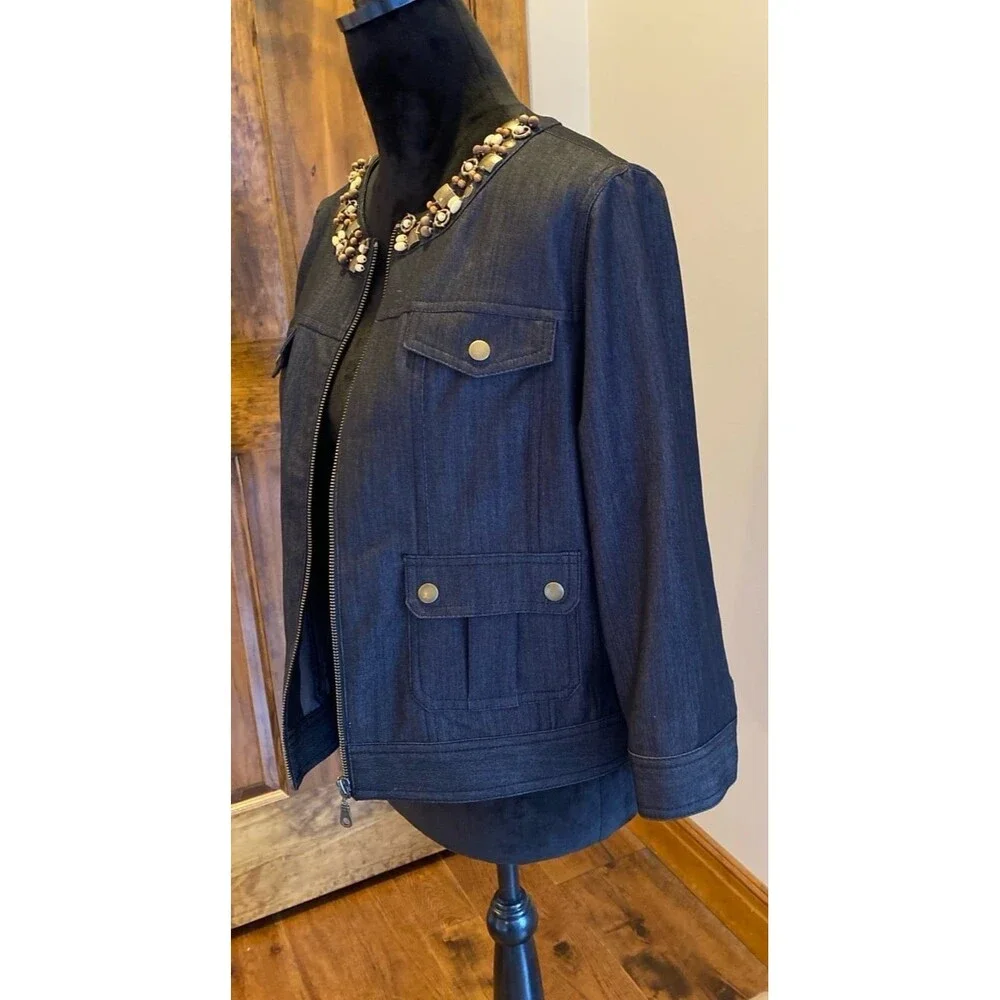 Ruby Rd. Jacket Womens Light Denim‎  Size 14 P Embellished Neckline Zipper Front